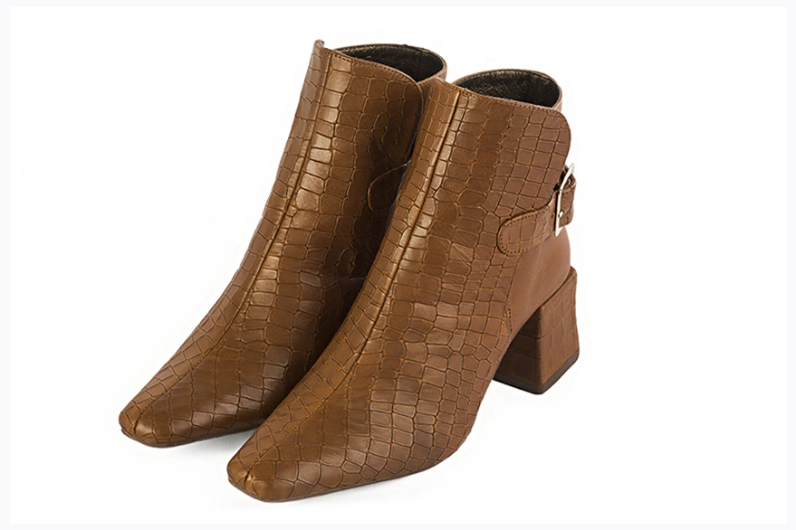 Caramel brown women's booties, with buckles at the back. Square toe. Medium block heels - Florence KOOIJMAN
